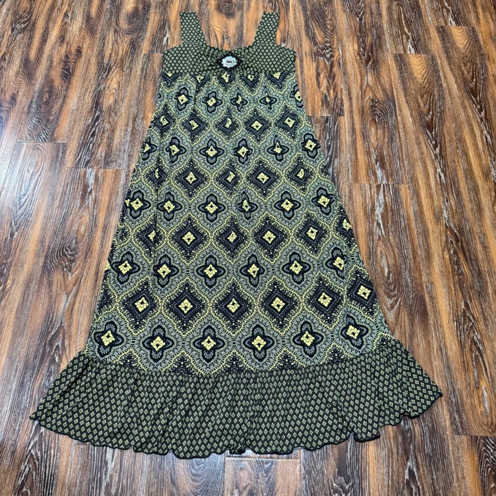 Y2K Cato L Maxi Dress Womens Yellow Black Geometric Medallion Boho Ruffle Hem